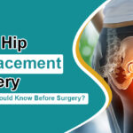 Illustration of total hip replacement surgery showing a damaged hip joint and the importance of timely treatment